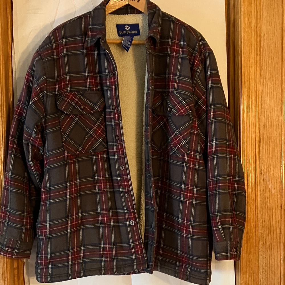 BurryLane Mens Plaid Grey & Red Sherpa Lined Button Down L Flannel Jacket